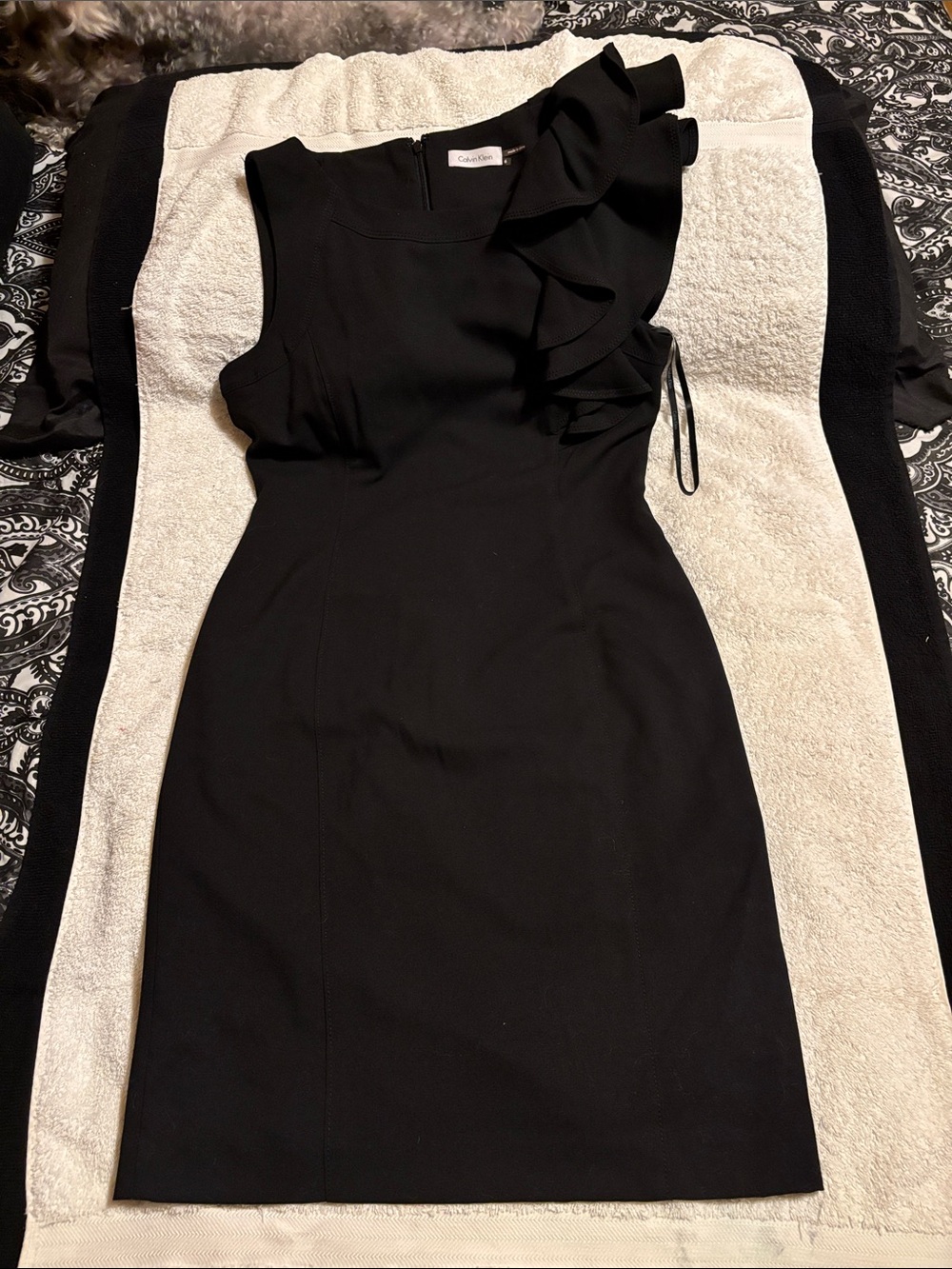 Calvin Klein Black Ruffle One-Shoulder Sheath Dress